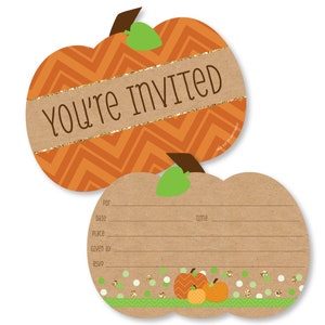 May include: Orange and brown pumpkin-shaped invitations with a chevron pattern and gold glitter. The invitation says "You're Invited" and has space to fill in the details of the event.