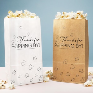 Thanks for Popping By Popcorn Bags, Party Favor Snack Treats, Individual White or Kraft Brown Paper Bags - 25 Count