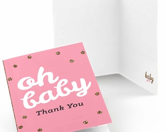 Hello Little One - Girl Thank You Cards - Baby Shower Thank You Cards - Pink and Gold - Thank You's - Set of 8 Folding Note Cards