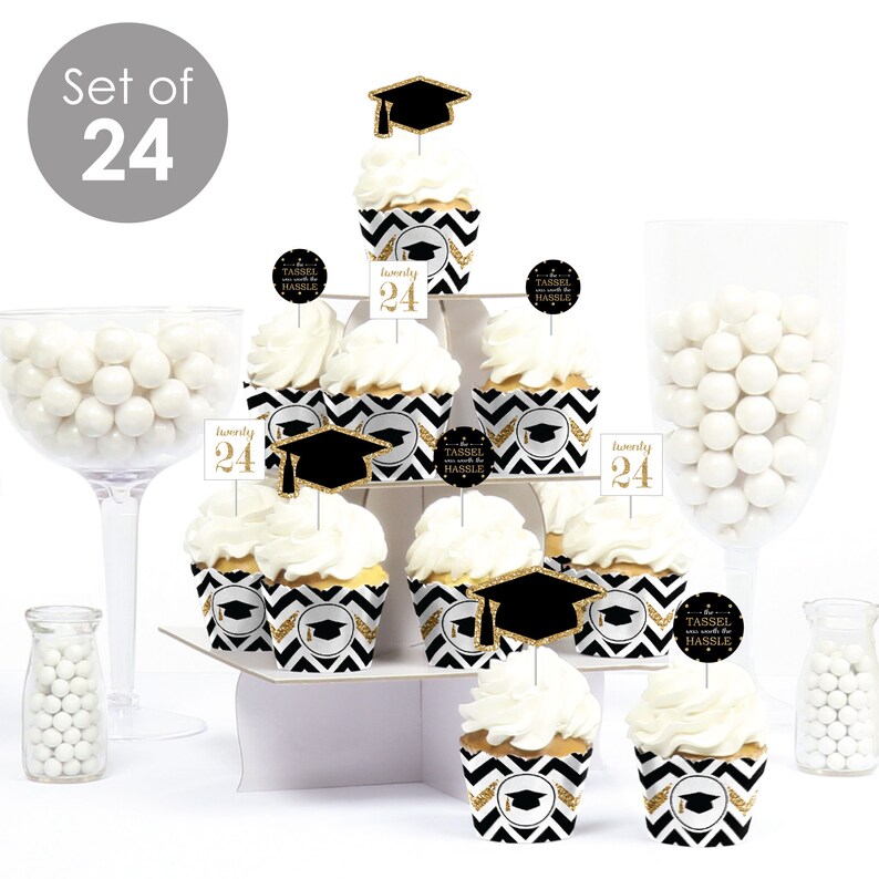 Tassel Worth The Hassle Gold Cupcake Decoration 2024 Graduation Party Cupcake Wrappers and Treat Picks Kit Set of 24 image 2