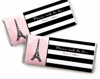 Paris, Ooh La La - Candy Bar Wrapper Paris Themed Baby Shower or Birthday Party Favors - Set of 24