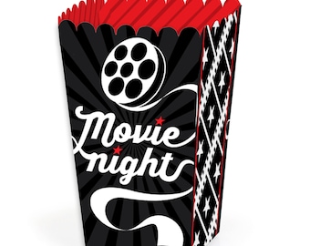 May include: Black and white popcorn box with a red top. The box has a film reel and the text "Movie Night" on it.