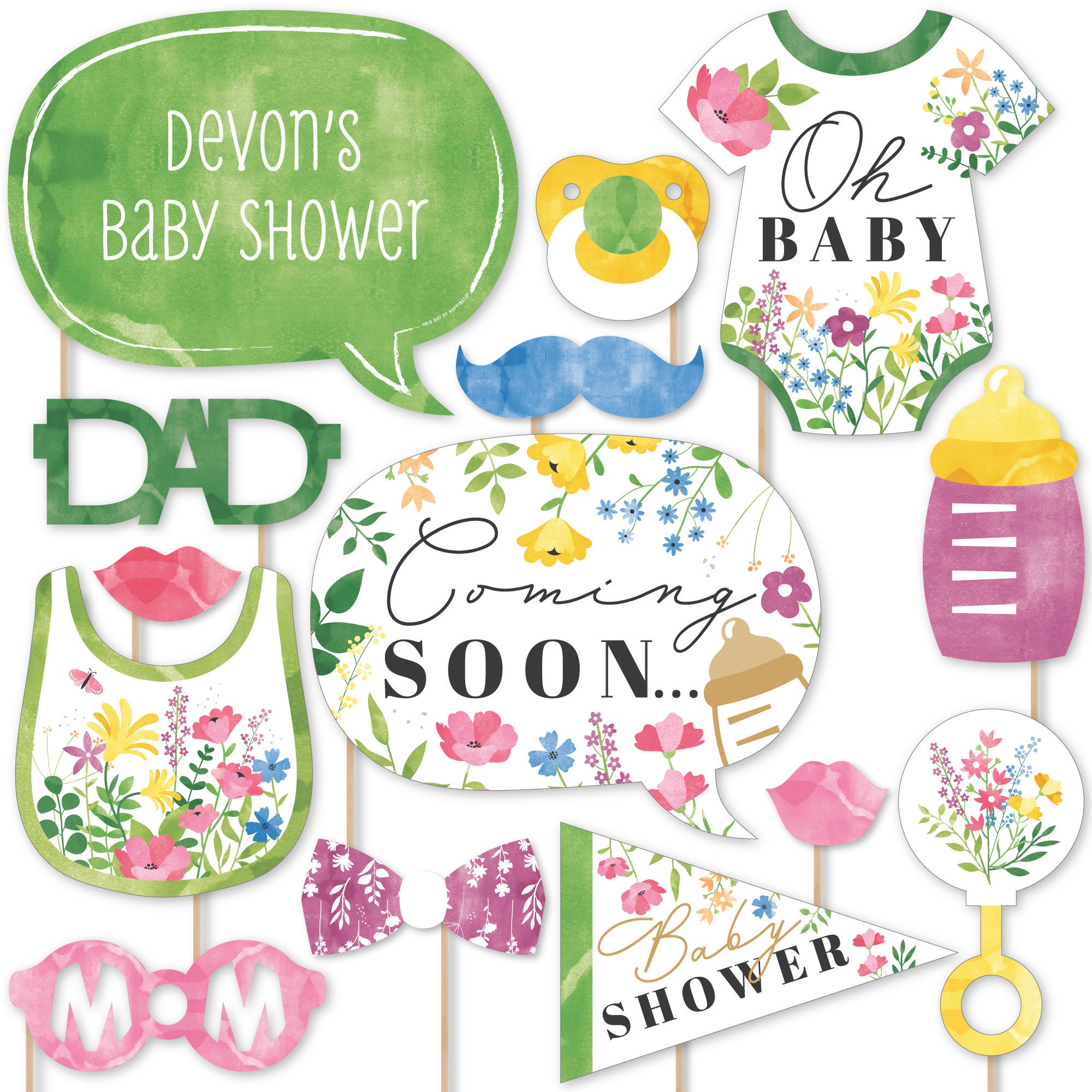 Wildflowers Baby Personalized Boho Floral Baby Shower Photo Booth Props Kit 20 Count