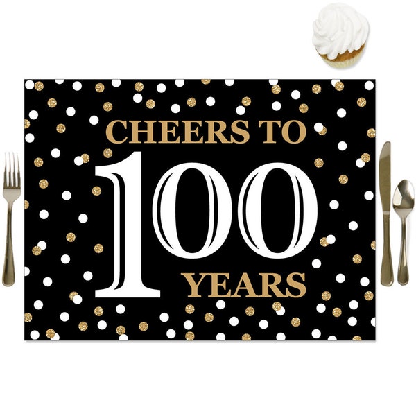 Adult 100th Birthday - Gold - Party Table Decorations - Birthday Party Placemats - Set of 16