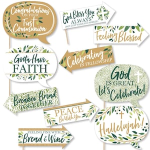 May include: A set of 10 First Communion photo booth props featuring green and gold foliage designs with various religious sayings. The props include speech bubbles, arrows, and signs with sayings like "God Bless You Always", "Gotta Have Faith", and "Hallelujah!"
