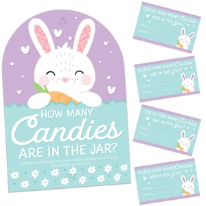 Spring Easter Bunny - How Many Candies Happy Easter Party Game - 1 Stand and 40 Cards - Candy Guessing Game