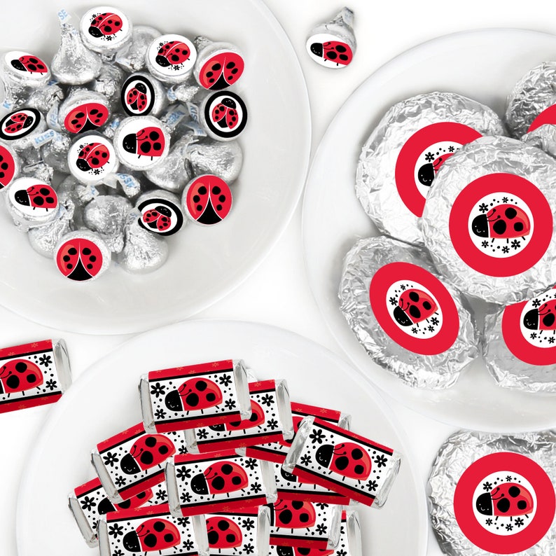 Happy Little Ladybug Party Candy Favor Sticker Kit Round Candy Stickers and Circle Stickers Mini Candy Bar Wrappers 304 Pieces