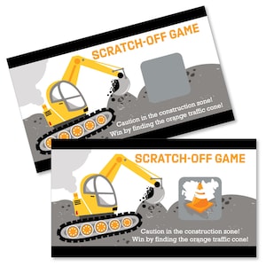 May include: Two yellow construction vehicle scratch-off game cards. Each card features a yellow excavator with a black bucket, a gray background, and the text "SCRATCH-OFF GAME". The text "Caution in the construction zone! Win by finding the orange traffic cone!" is printed on each card.