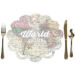 May include: A white round placemat with a vintage world map design. The text "The World Awaits" is printed in black on the map. The placemat is surrounded by a silver fork, knife, and spoon.