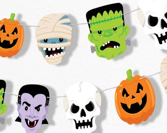 Halloween Monsters Garland Banner, Spooky Halloween Party Decorations Backdrop, 30 Feet of Cord, 15 Paper Halloween Monsters
