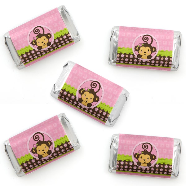 Pink Monkey Girl Mini Candy Bar Wrappers - Baby Shower & Birthday Party Chocolate Miniature Candy Bar Sticker Labels - 40 Ct