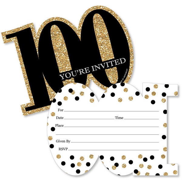 Adult 100th Birthday - Gold - Shaped Fill-in Invitations - Birthday Party Shaped Invitation - 12 Shaped Invites w/Envelopes