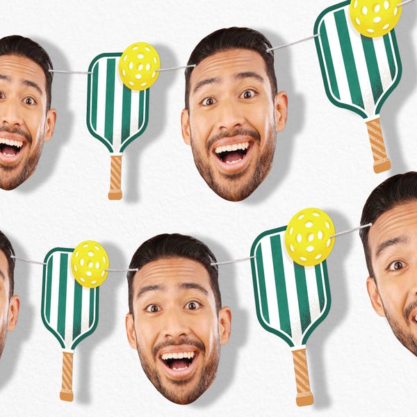 Custom Pickleball Face Cut Out Garland Banner, Personalized Birthday or Retirement Decor, 30 Ft of Cord, 5 Face Cutouts 5 Pickleball Paddles