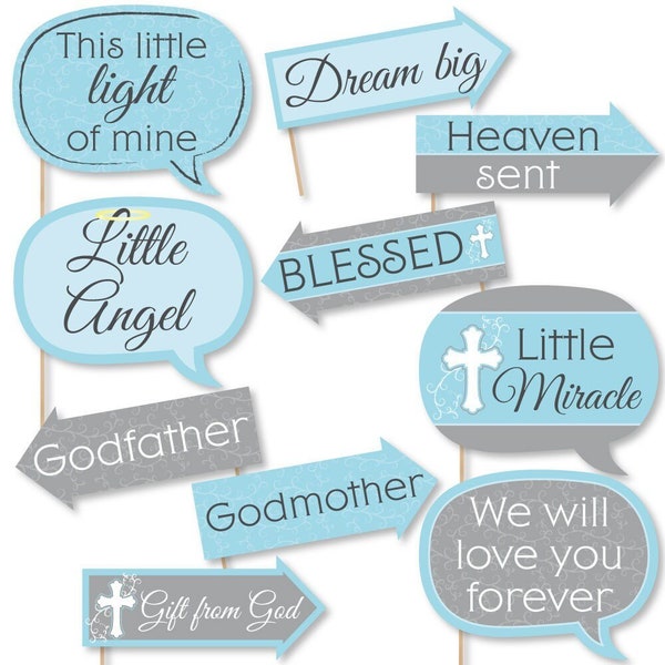 Funny Little Miracle Boy - Baptism Photo Booth Props - Blue and Gray Cross - Baby Shower Photo Booth Props - Christening - 10 Props