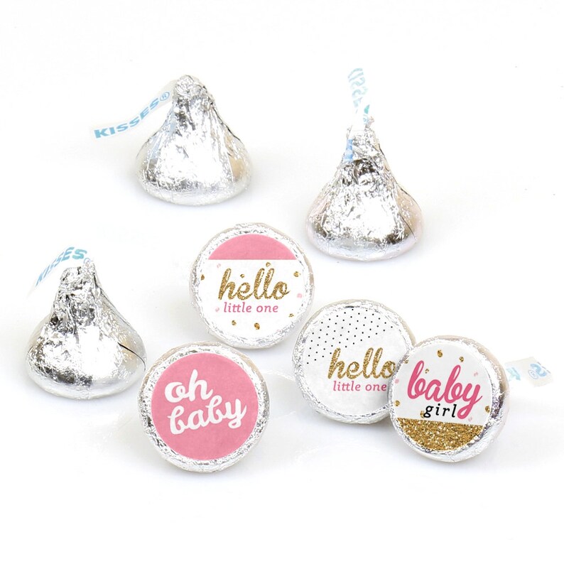 Hello Little One Pink and Gold Girl Baby Shower Party Round Candy Sticker Favors Labels Fit Chocolate Candy 1 sheet of 108 image 1