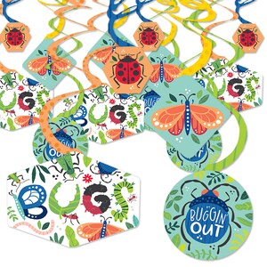 May include: Colorful hanging decorations with insect and leaf designs. The decorations feature ladybugs, butterflies, and the text "BUGGIN OUT". The decorations are in various shapes, including hexagons, diamonds, and circles, with orange, blue, and green accents.