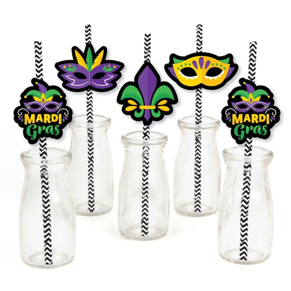 Colorful Mardi Gras Mask - Paper Straw Decor - Masquerade Party Striped Decorative Straws - Set of 24 Il_570xn