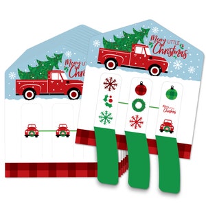 May include: Red and green Christmas party favor tags with a red truck carrying a Christmas tree. The tags feature a variety of Christmas designs including snowflakes, holly, wreaths, and ornaments. The tags say "Merry Little Christmas".