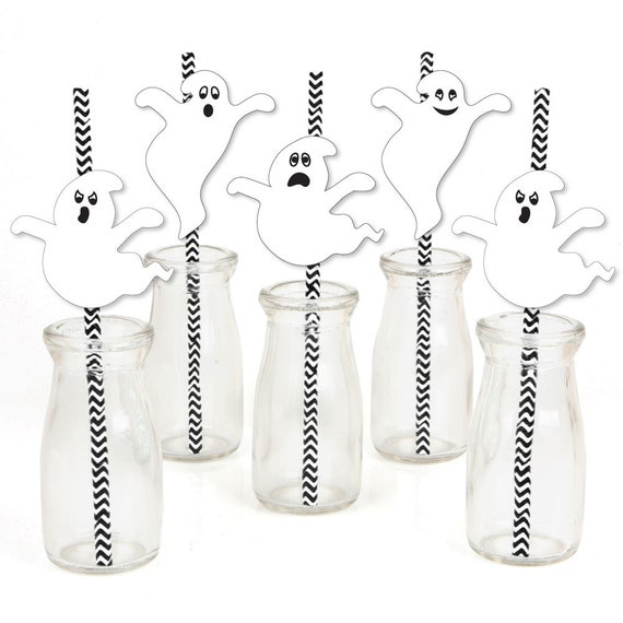Spooky Ghost - Die-Cut Straw Decorations - Halloween Spooky Ghost Paper Cut-Outs & Striped Black Paper Straws - Halloween Decor - 24 Pieces Il_570xn