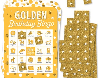 May include: A set of golden birthday bingo cards with a yellow background and white polka dots. The cards feature a variety of birthday-themed images, such as a cake, balloons, and a disco ball. The cards are accompanied by a set of golden star-shaped bingo markers.