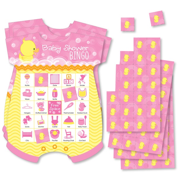 Pink Ducky Duck - Picture Bingo Cards and Markers - Baby Shower Shaped Bingo Game - Set of 18