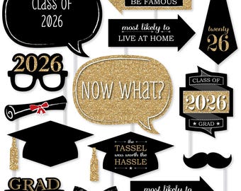 Tassel Worth the Hassle - Gold Photo Booth Props Kit - 2026 Graduation Party - 20 Count
