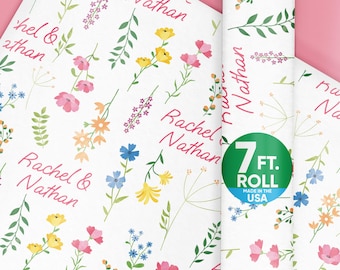 Custom Wildflowers Wrapping Paper, Floral Bridal Shower or Wedding Party Gift Wrap, Personalized with Couple's Names, 24 in x 7 feet