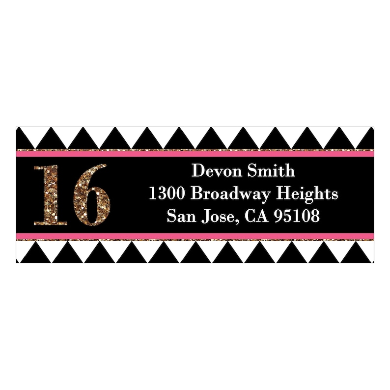 Chic 16th Birthday Party \u2013 Pink Sweet 16-30 Count and Gold Address Labels Personalized Return Address Sticker Black