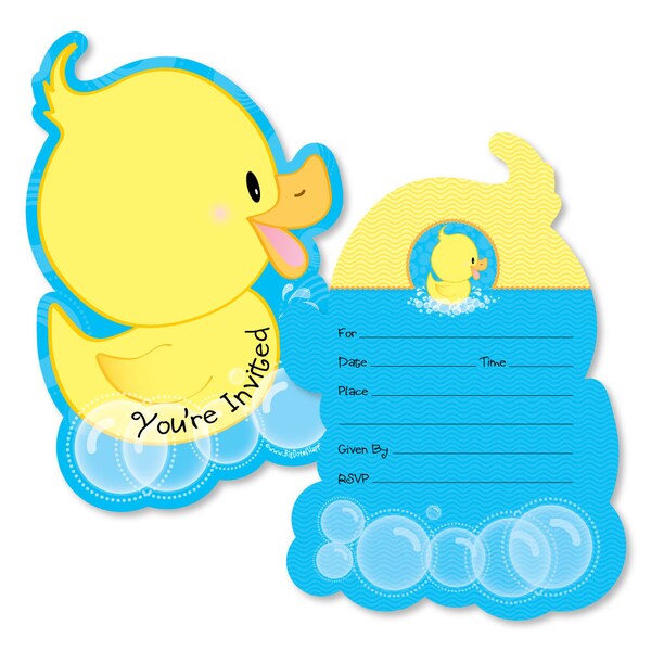 Ducky Duck - Shaped Fill-in Invitations - Duck Shaped Invites - Baby Shower or Birthday Party - 12 Shaped Invites w/Envelopes