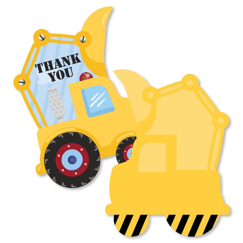 Construction Truck Set of 12 Shaped Thank You Cards Baby Shower or Birthday Party Thank You Note Cards with Envelopes