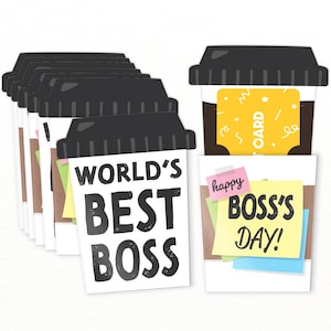 Puede incluir: Un conjunto de tarjetas con forma de vaso de café y tapas negras. Una tarjeta presenta el texto 'WORLD'S BEST BOSS' en negro. Otra tarjeta muestra un inserto amarillo 'GIFT CARD' y una nota 'happy BOSS'S DAY!' con gráficos de notas adhesivas.