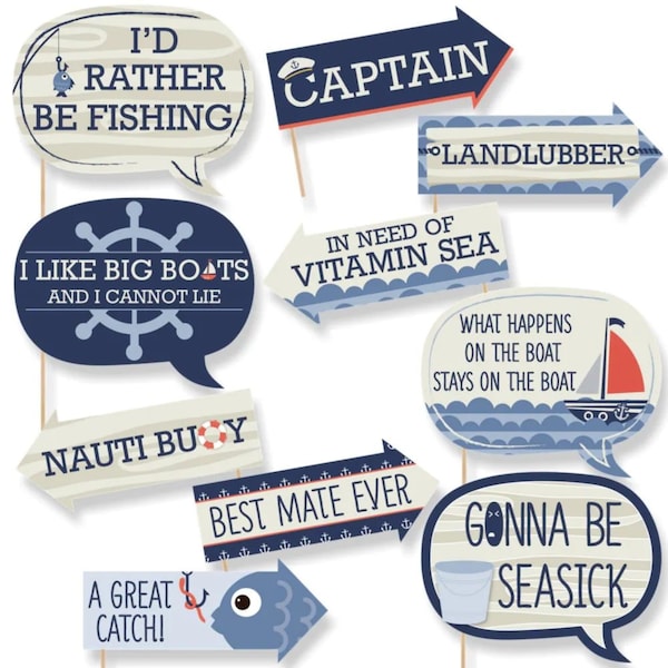 Funny Ahoy - Nautical Party Photo Booth Props - Nautical Photo Booth Prop Kit - Ahoy - Nautical Selfie Photo Props - 10 pc.