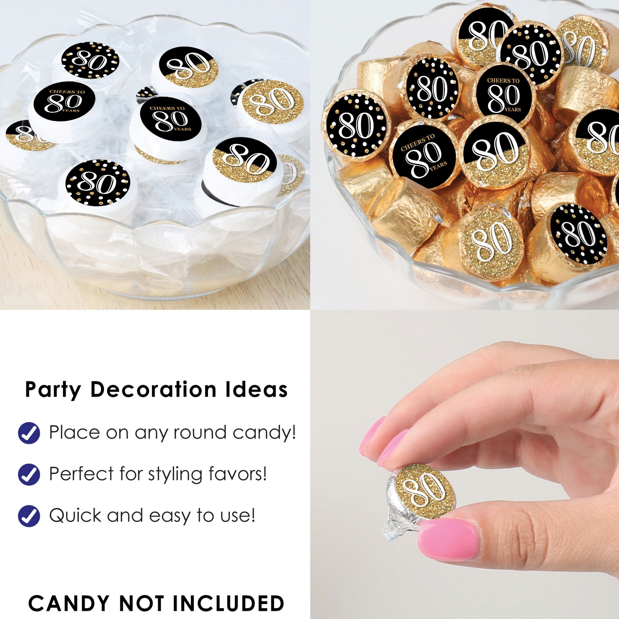 Adult 80th Birthday - Gold - Birthday Party Small Round Candy Stickers ...