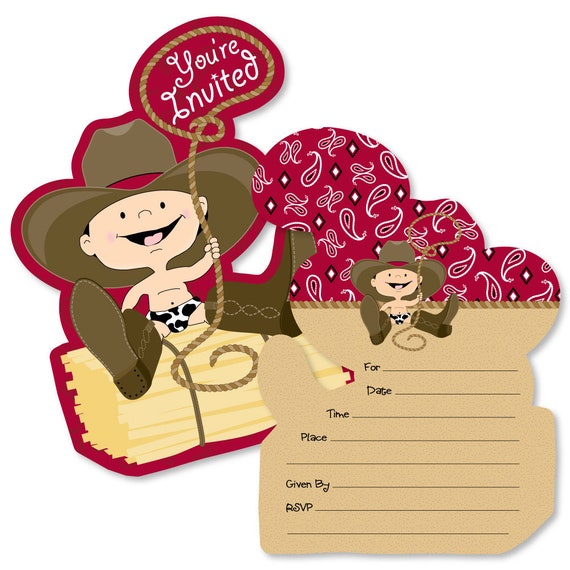 Little Cowboy - Shaped Fill-in Invitations - Western Cowboy Shaped Invites - Baby Shower or Birthday Party-12 Shaped Invites w/Envelopes Il_570xn
