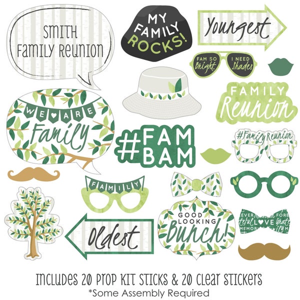 Family Tree Reunion - Photobooth Kit With Custom Talk Bubble - Family Gathering Party Photo Booth Props - 20 Theme Props