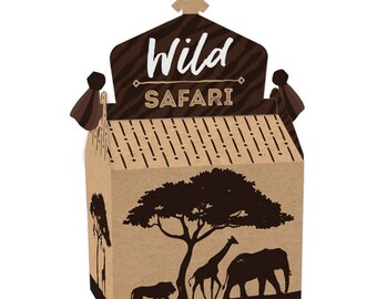 May include: Brown paper favor boxes with a safari theme. The boxes feature a silhouette of a lion, giraffe, and elephant in front of a tree. The top of the box has a brown and white striped design with the text "Wild Safari".