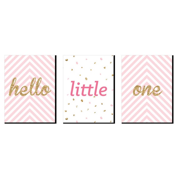 Hello Little One - Baby Girl Room, Nursery & Home Décor - 7.5” x 10” Kids Wall Art - Bedroom Decor - Pink and Gold Decorations - Set of 3 Il_570xn
