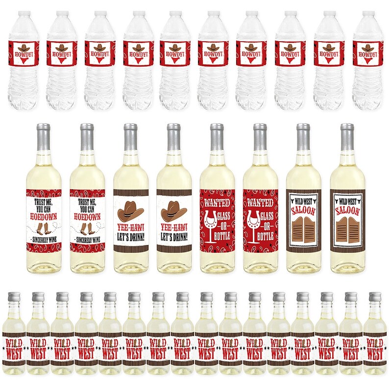 Western Hoedown Wine Bottle Labels and Water Bottle Labels Wild West Cowboy Party Decor Mini Wine Bottle Beverage Bar Kit 34 Pc