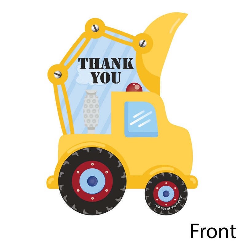 Construction Truck Set of 12 Shaped Thank You Cards Baby Shower or Birthday Party Thank You Note Cards with Envelopes