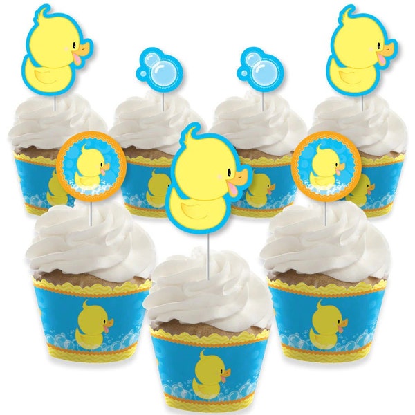 Ducky Duck - Cupcake Decoration - Baby Shower or Birthday Party Cupcake Wrappers and Treat Picks Kit - Set of 24