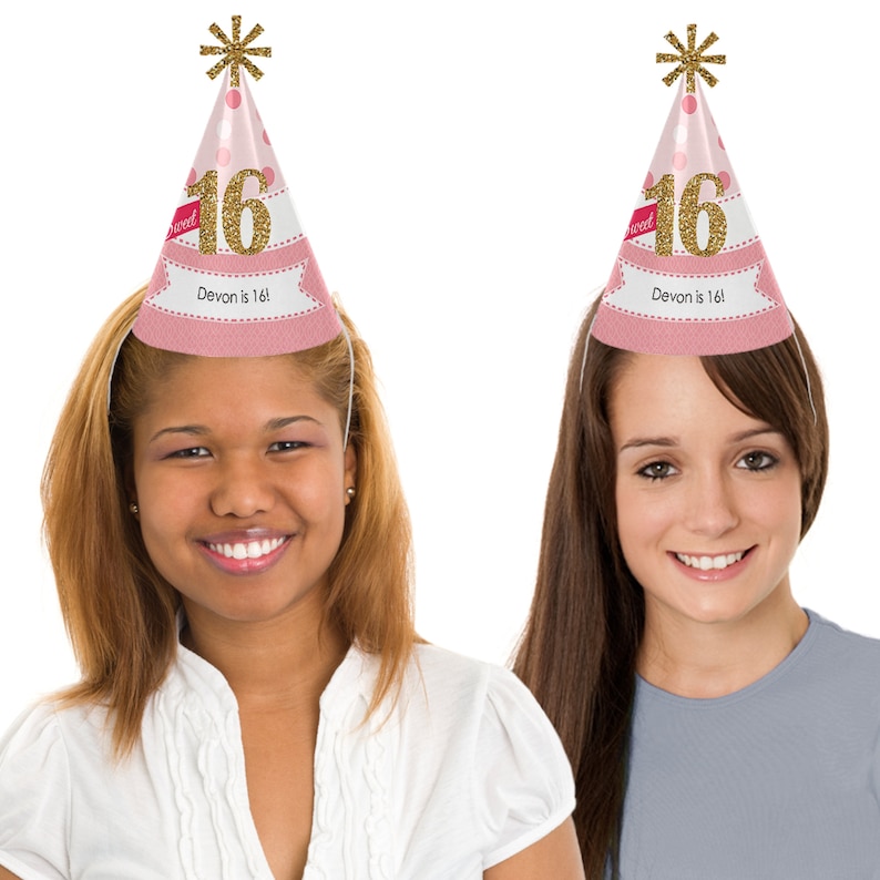 Set of 8 Cone Happy Birthday Party Hats for Kids and Adults Sweet 16 Birthday Party Hats Standard Size