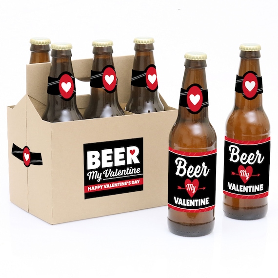Happy Valentine’s Day - Valentine Hearts Party Decorations for Women and Men - 6 Beer Bottle Label Stickers and 1 Carrier Il_570xn