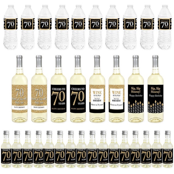 Adult 70th Birthday - Gold - Mini Wine Bottle Labels, Wine Bottle Labels and Water Bottle Labels - Party Decor -Beverage Bar Kit-34 Pcs Il_570xn