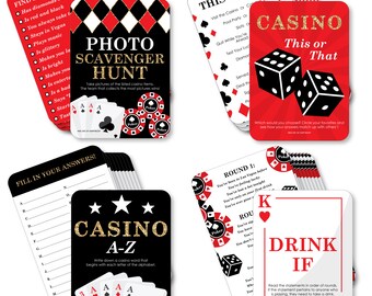 May include: Casino-themed party game cards with various prompts and challenges. The cards feature red, black, and white designs with text like "Photo Scavenger Hunt," "This or That," and "Casino A-Z." Includes dice, poker chips, and playing card suits.