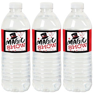 May include: Three clear plastic water bottles with red, black, and silver labels that say "Magic Show". The labels feature a black top hat with a red band and a white star.