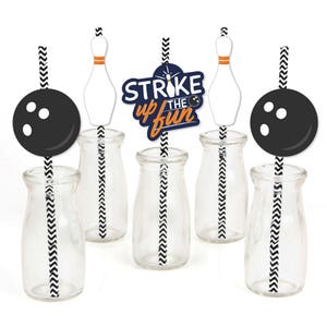 Strike Up the Fun - Bowling - Die-Cut Straw Decorations - Bowling Party or Birthday Party Paper Cut-Outs & Striped Paper Straws - Set of 24