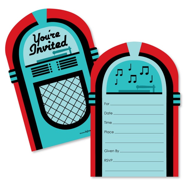 50's Sock Hop - Shaped Fill-in Invitations - 1950s Rock N Roll Party Shaped Fill In Invites - 12 Invites w/Envelopes