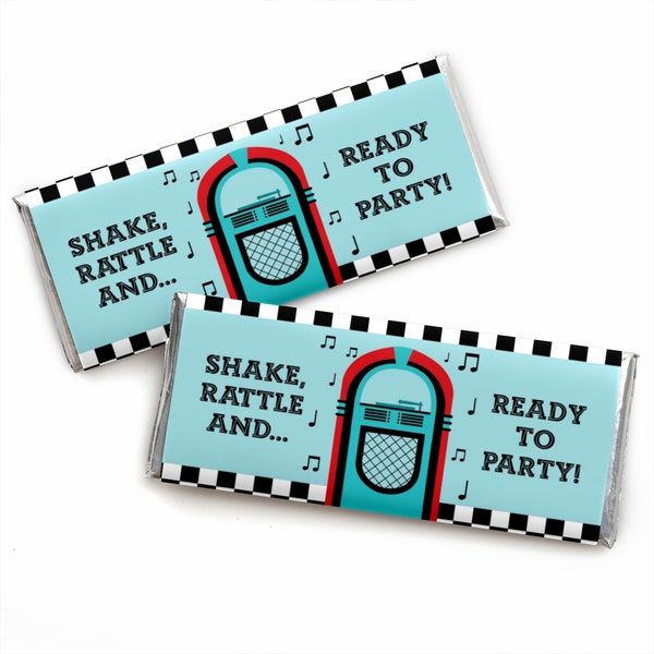 50's Sock Hop -  1950s Rock N Roll Party Candy Bar Wrappers - Fifties Party Favors - Shake, Rattle & Roll Party Theme - 24 Ct