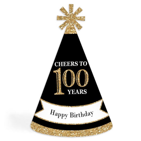 100th Birthday Party - Cone Happy Birthday Party Hats for Adults - Set of 8 (Standard Size)