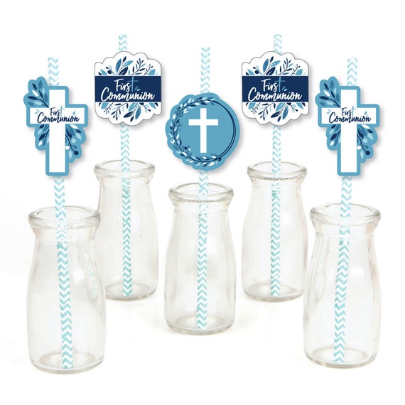 First Communion Blue Elegant Cross Paper Straw Decor Boy